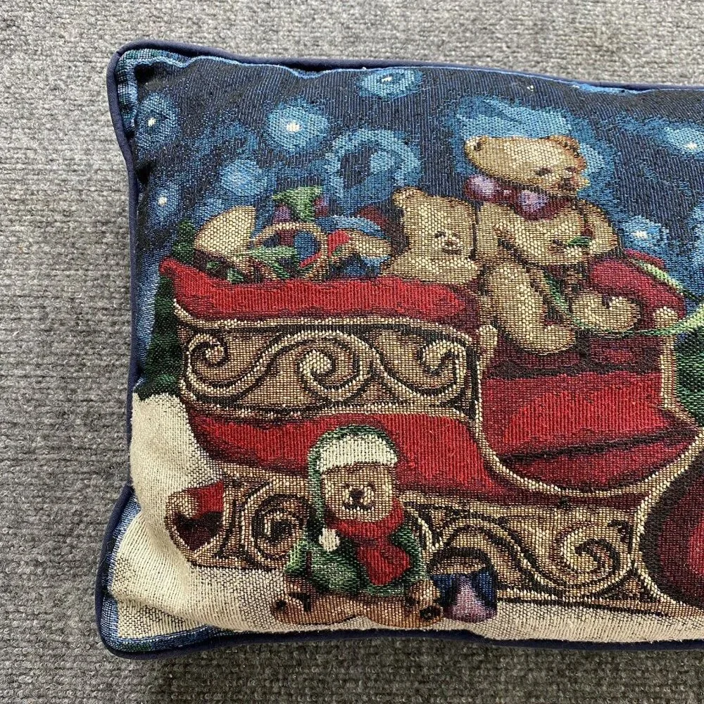 Vintage 70s Christmas Tapestry Pillow Teddy Bears in Santa's Sleigh 80s‎ Country